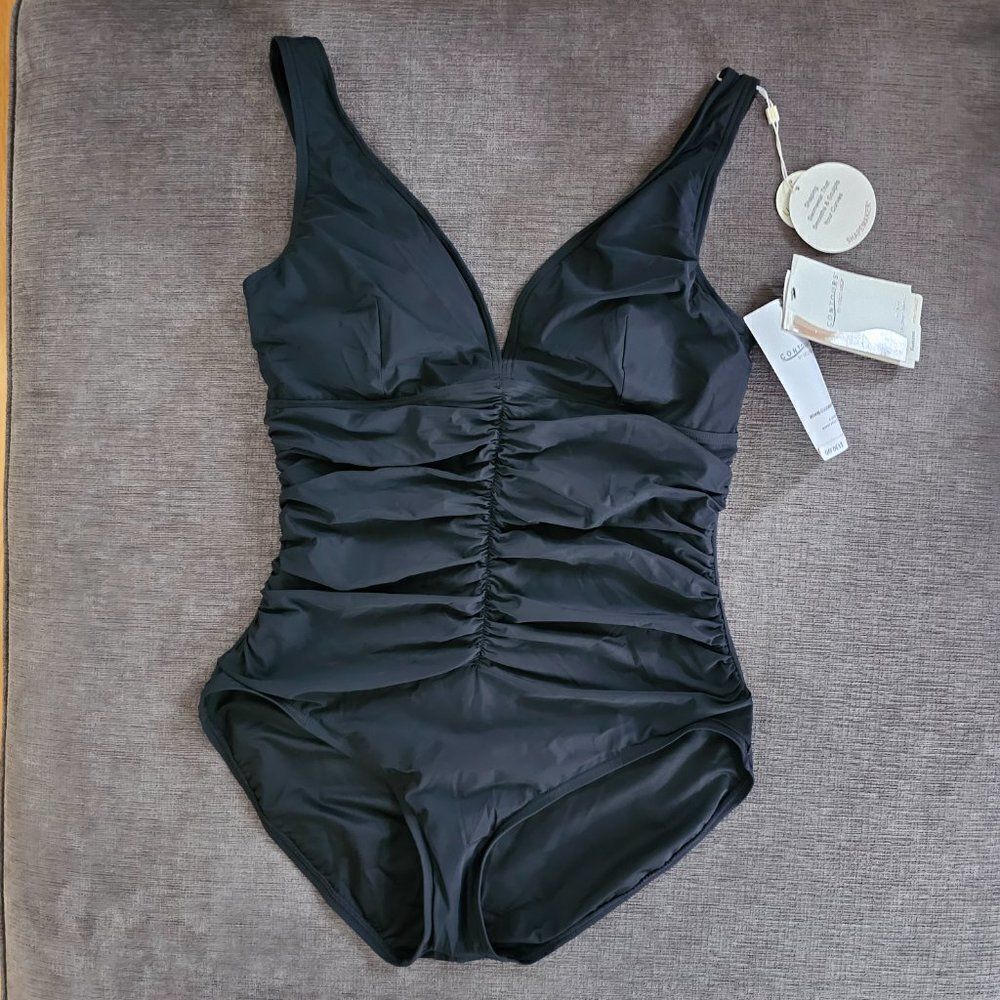 Contours Women's Black V-Neck Bra Sized Underwire 1-Piece Swimsuit Size 16